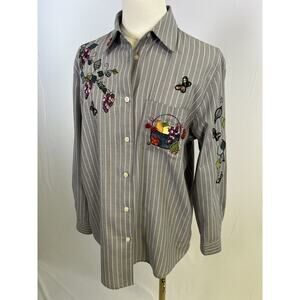 VTG Karen Scott Womens Button Up Shirt Embroidery Gardencore Stripped Gray Sz S